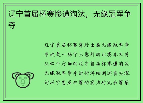 辽宁首届杯赛惨遭淘汰，无缘冠军争夺